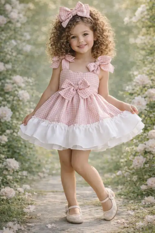 Jesusito vichy de mi bebé moda infantil Foto de niña con vestido de cuadritos vichy rosa